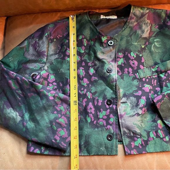 Vintage brocade metallic floral cropped jacket green purple boxy pocket printed - Picture 7 of 8